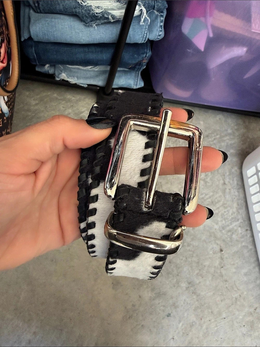 Cow Print Belt in Black & White Like New